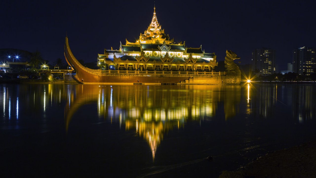 Illuminated Karaweik Royal , Yangon.