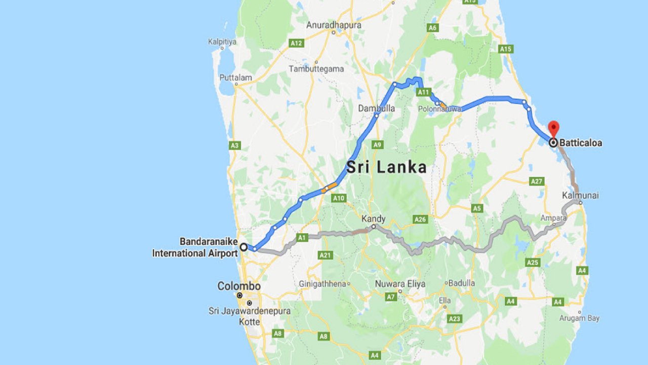Colombo Airport (CMB) to Batticaloa City Private Transfer  