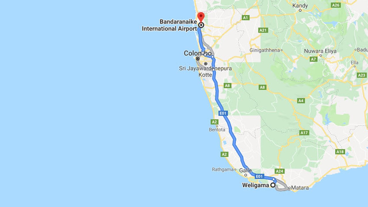 Weligama City to Colombo Airport (CMB) Private Transfer  
