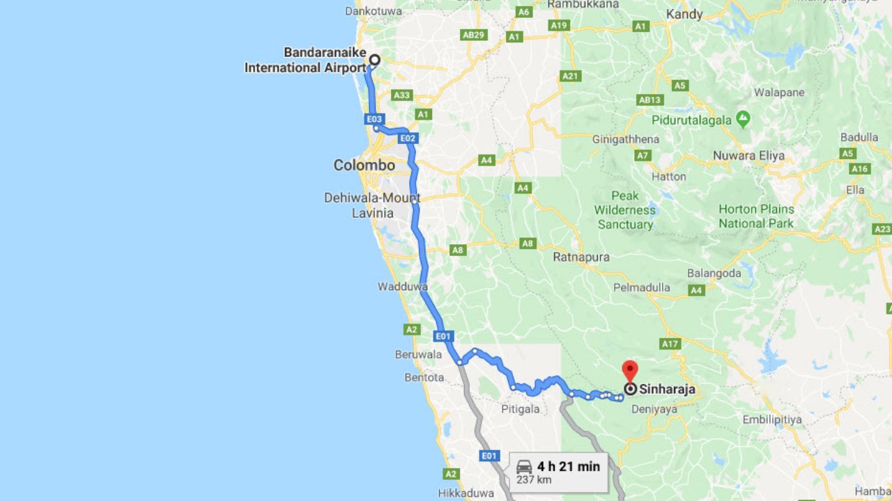 Colombo Airport (CMB) to Sinharaja City Private Transfer