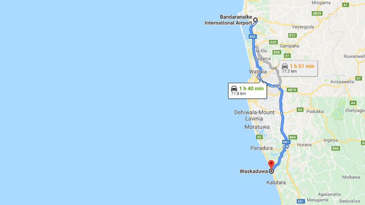 Colombo Airport (CMB) to Waskaduwa City  Private Transfer