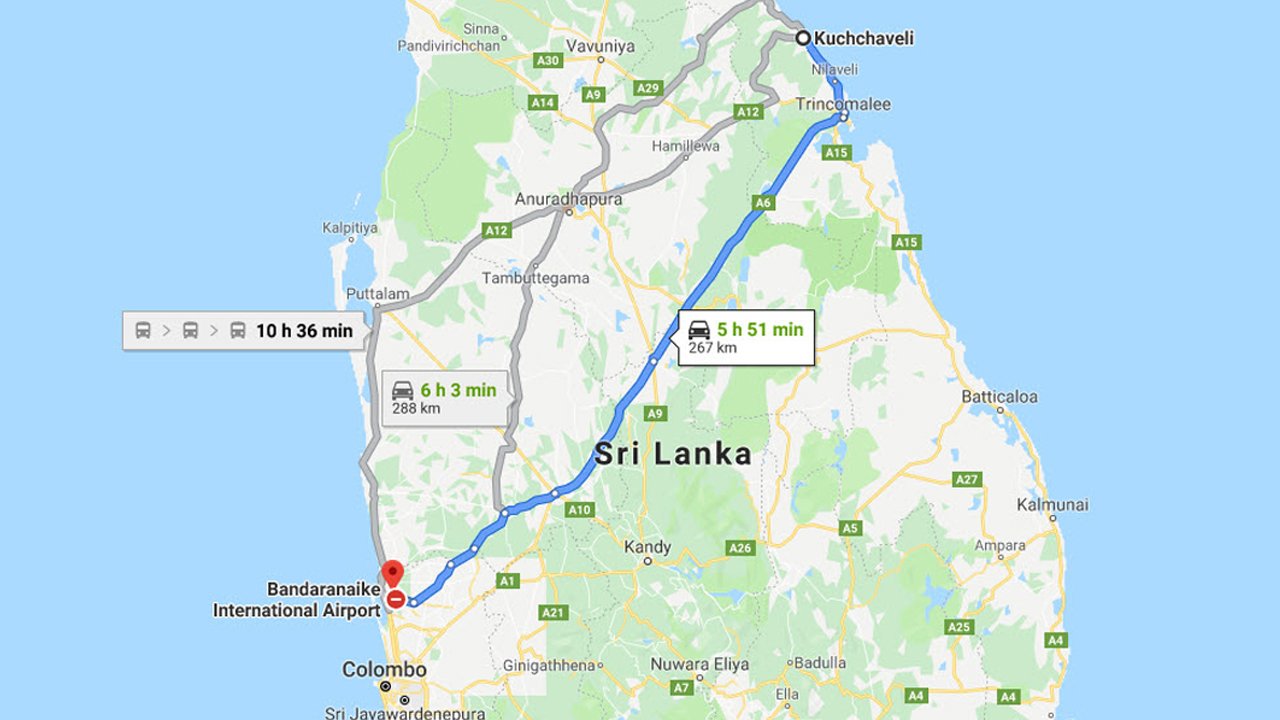 Kuchchaveli City to Colombo Airport (CMB) Private Transfer