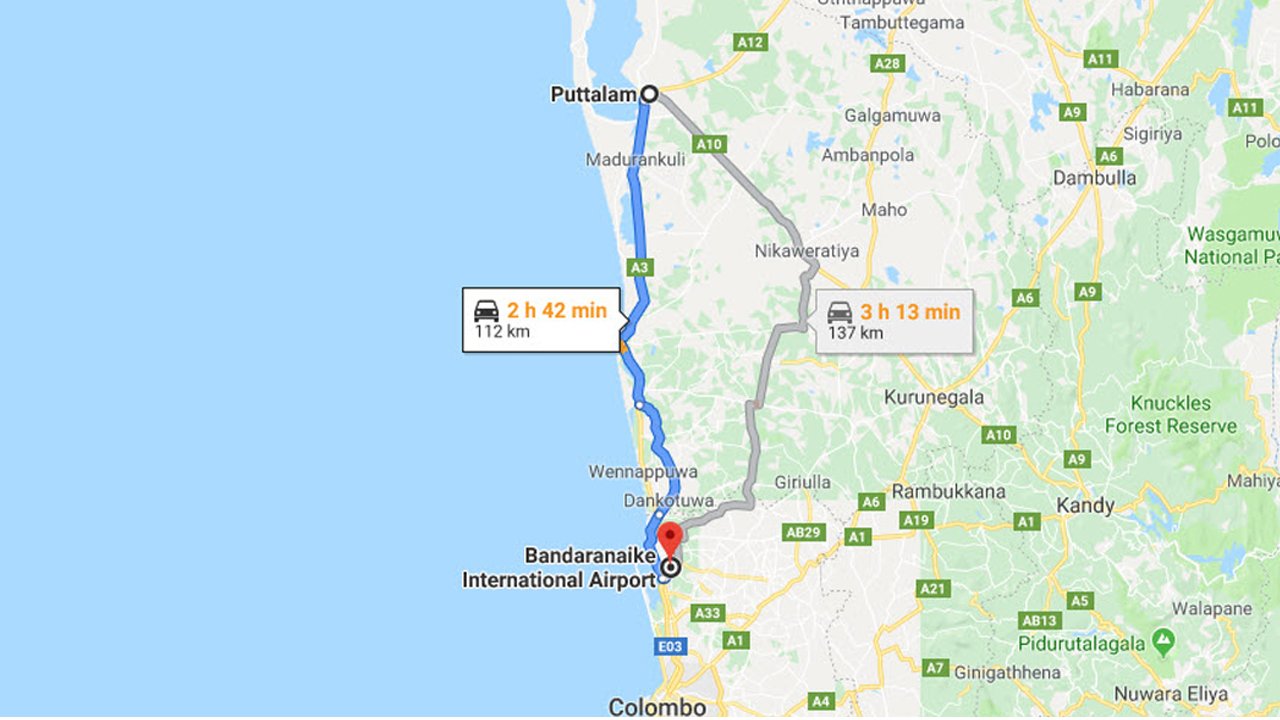 Puttalama City to Colombo Airport (CMB) Private Transfer 