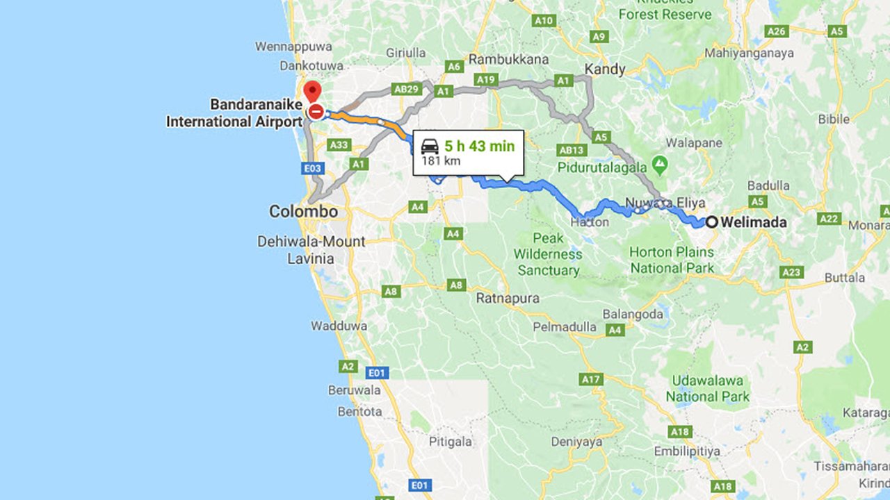 Welimada City to Colombo Airport (CMB) Private Transfer