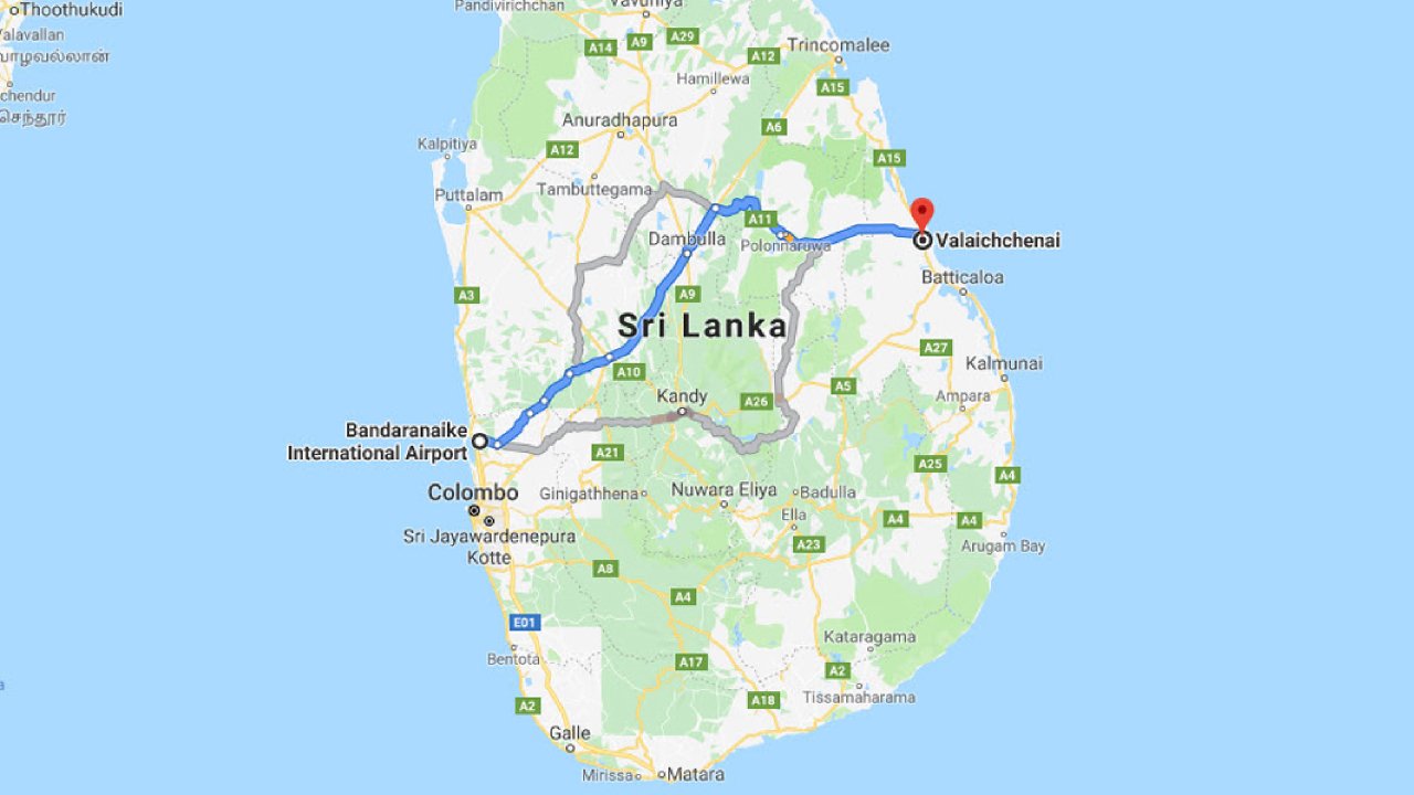Colombo Airport (CMB) to Valaichenai City Private Transfer