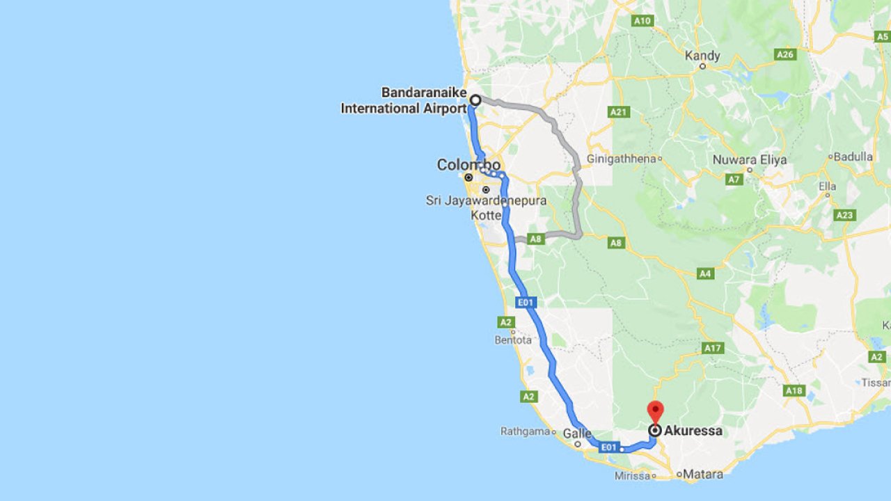 Colombo Airport (CMB) to Akuressa City Private Transfer