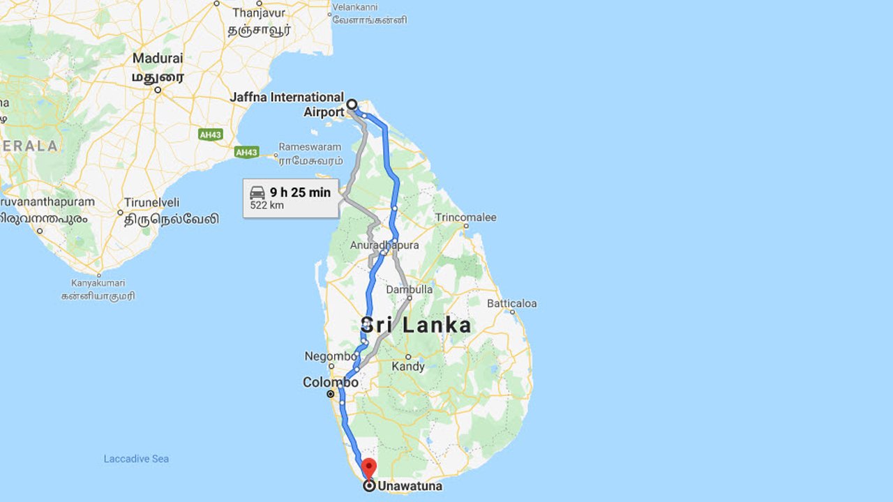 Jaffna Airport (JAF) to Unawatuna City Private Transfer