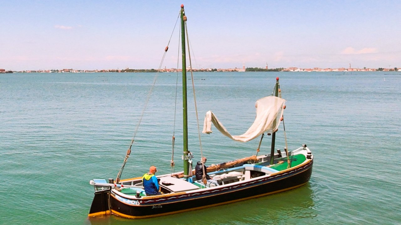 The Bragozzo Stella floating in the Venice Lagoon