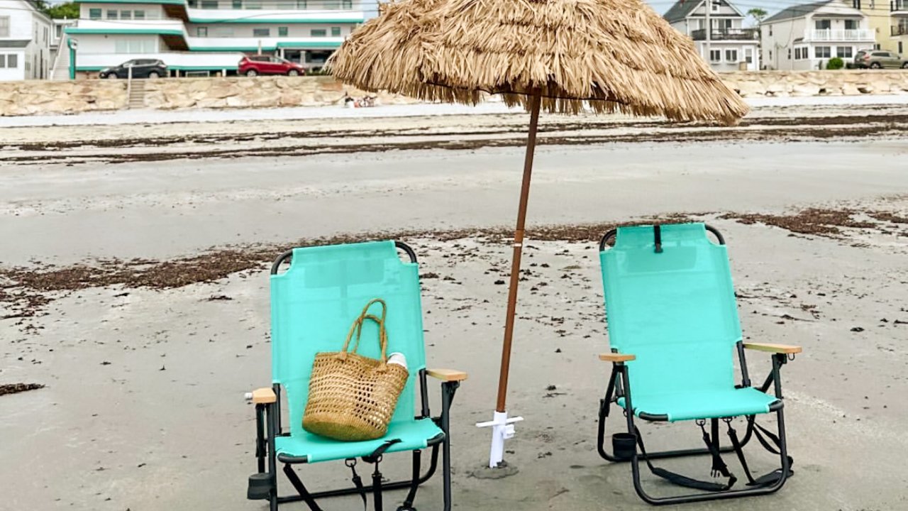 Beach chairs and umbrellas on Long Sands Beach