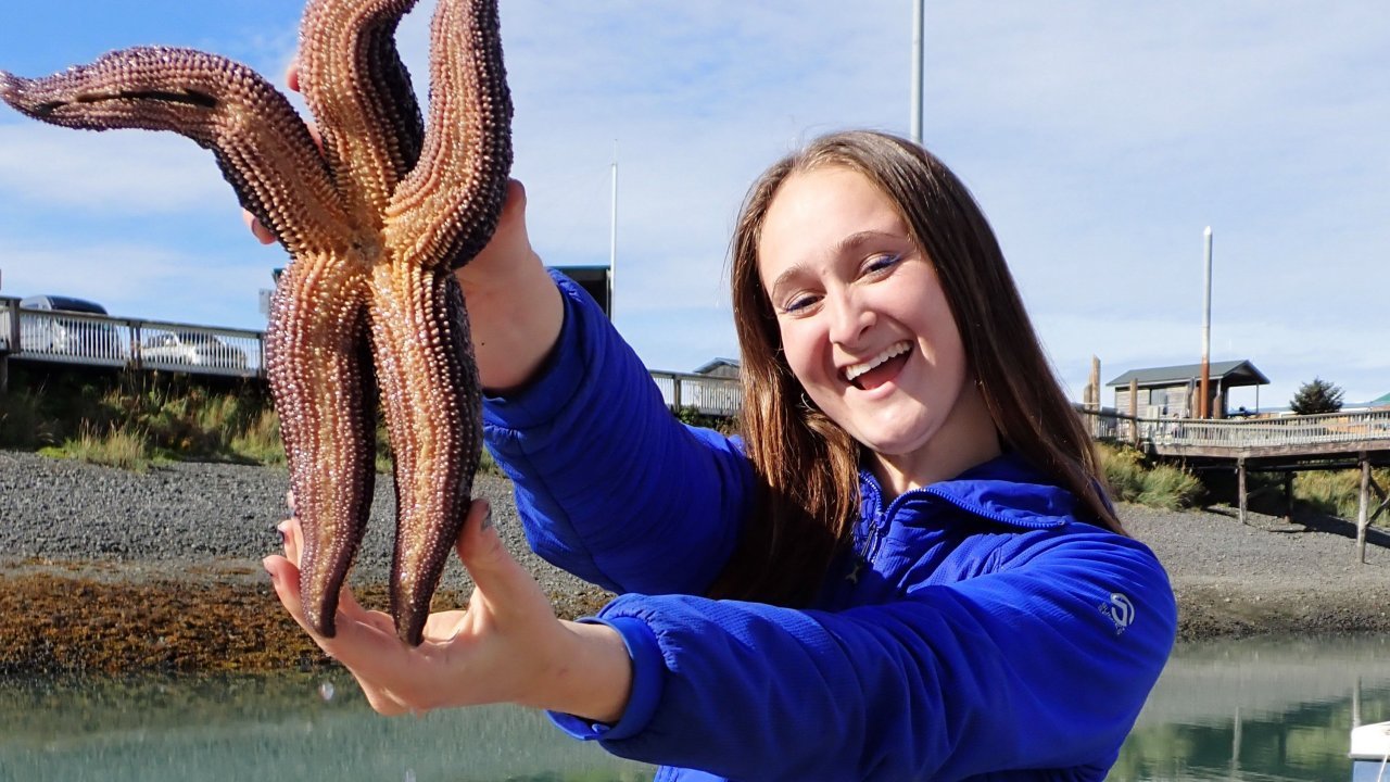 An educator displays a True Star on the Homer Harbor docks.