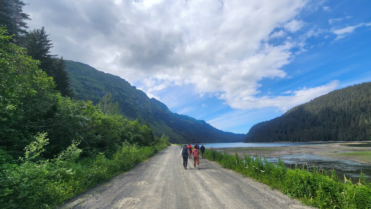 Walking along the Jakolof Bay road.