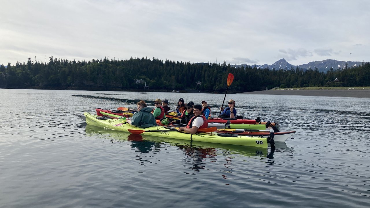 MSE participants in a kayak huddle in Kachemak Bay.