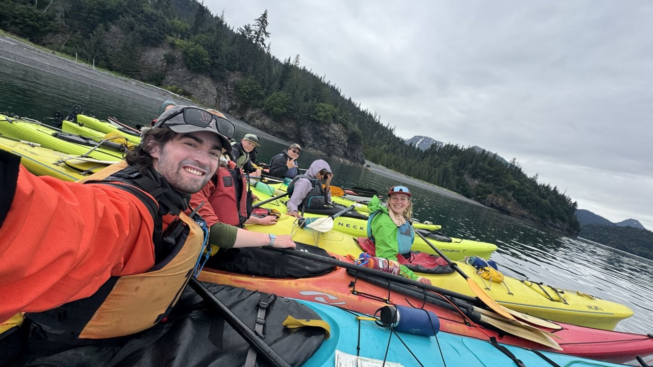 Participants in their kayak huddle.