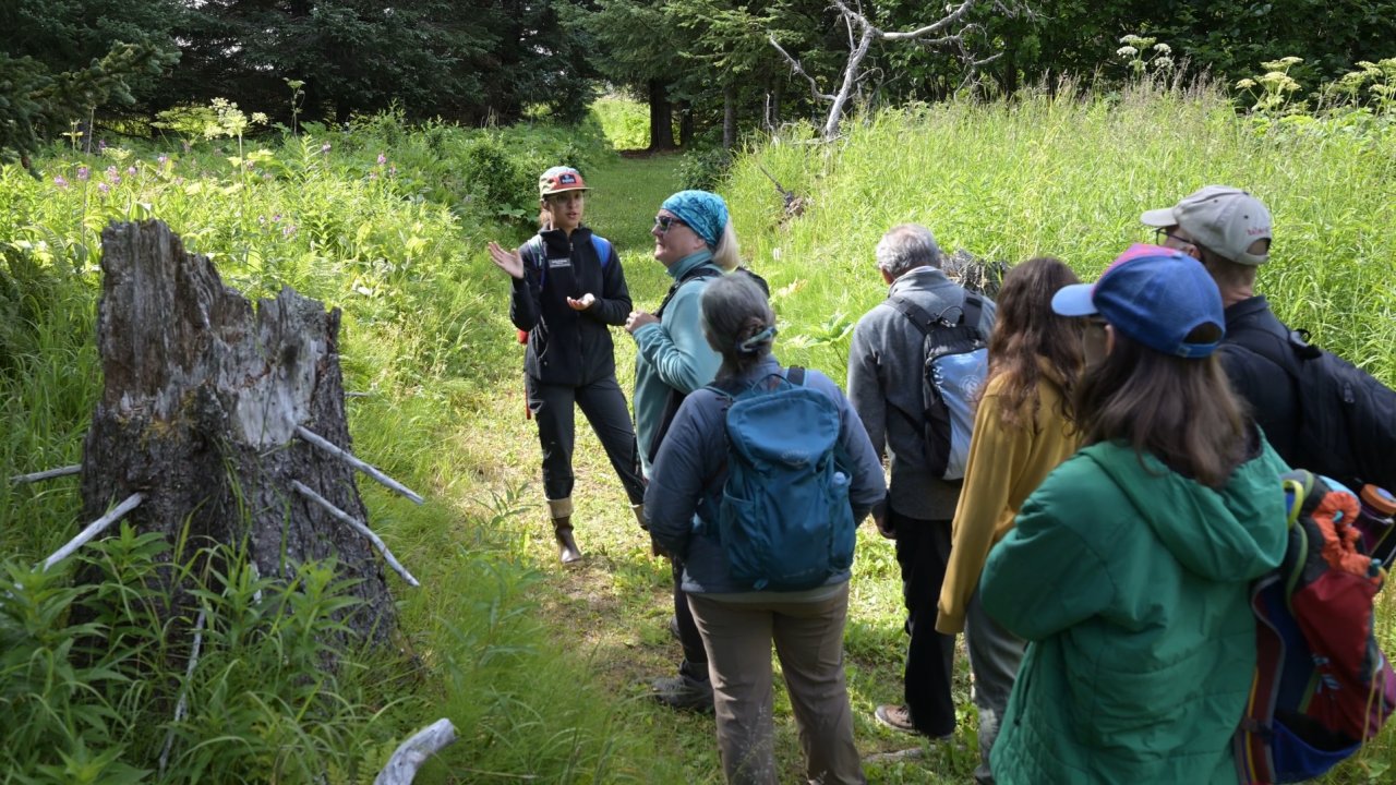 A naturalist giving interpretive information on a guided tour. Credit Twolined Studio.