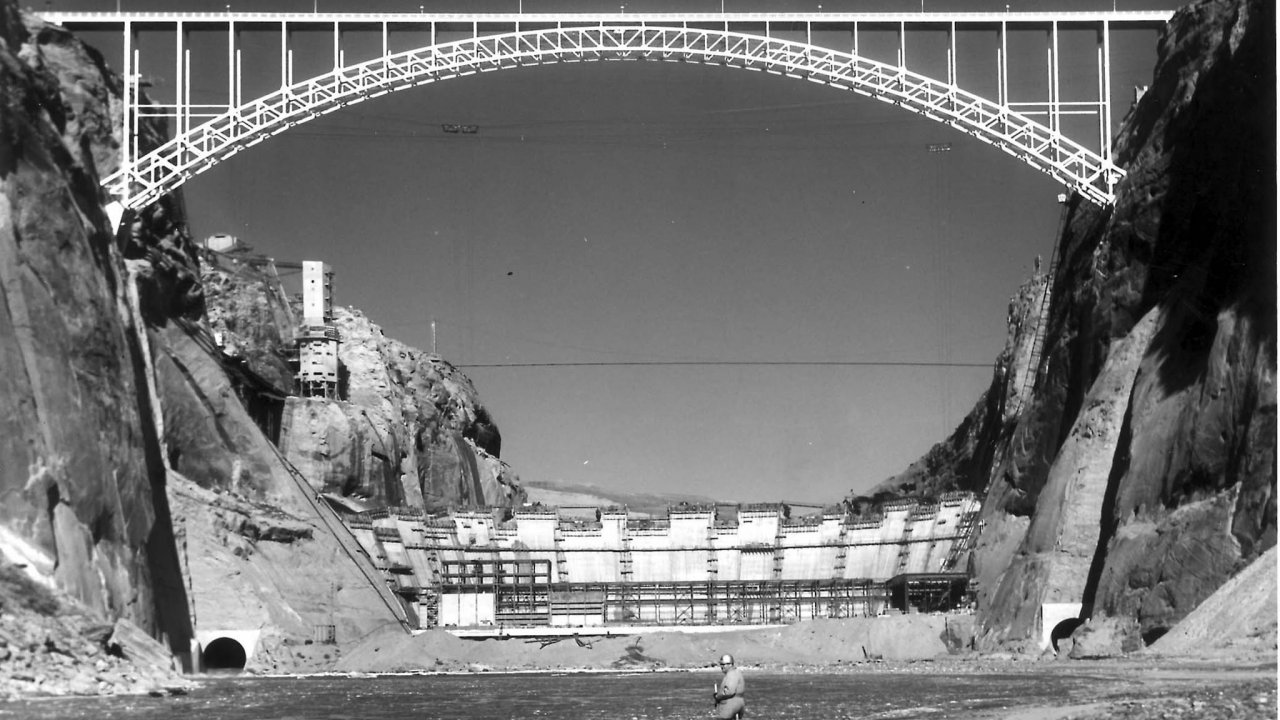 Construction of the Glen Canyon Dam. Photo courtesy of the Powell Museum Archives, construction of the Glen Canyon Dam